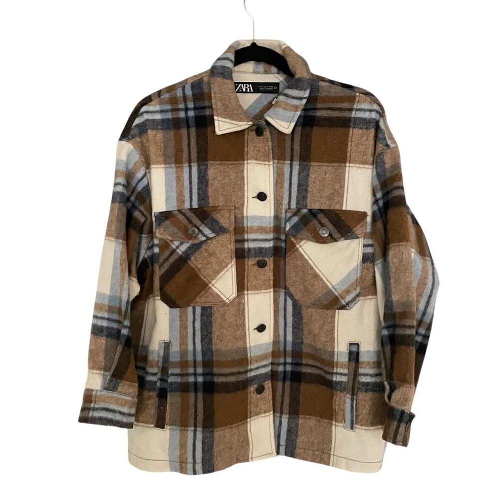ZARA Wool Plaid Button Front Overshirt Jacket Cream Blue Brown S